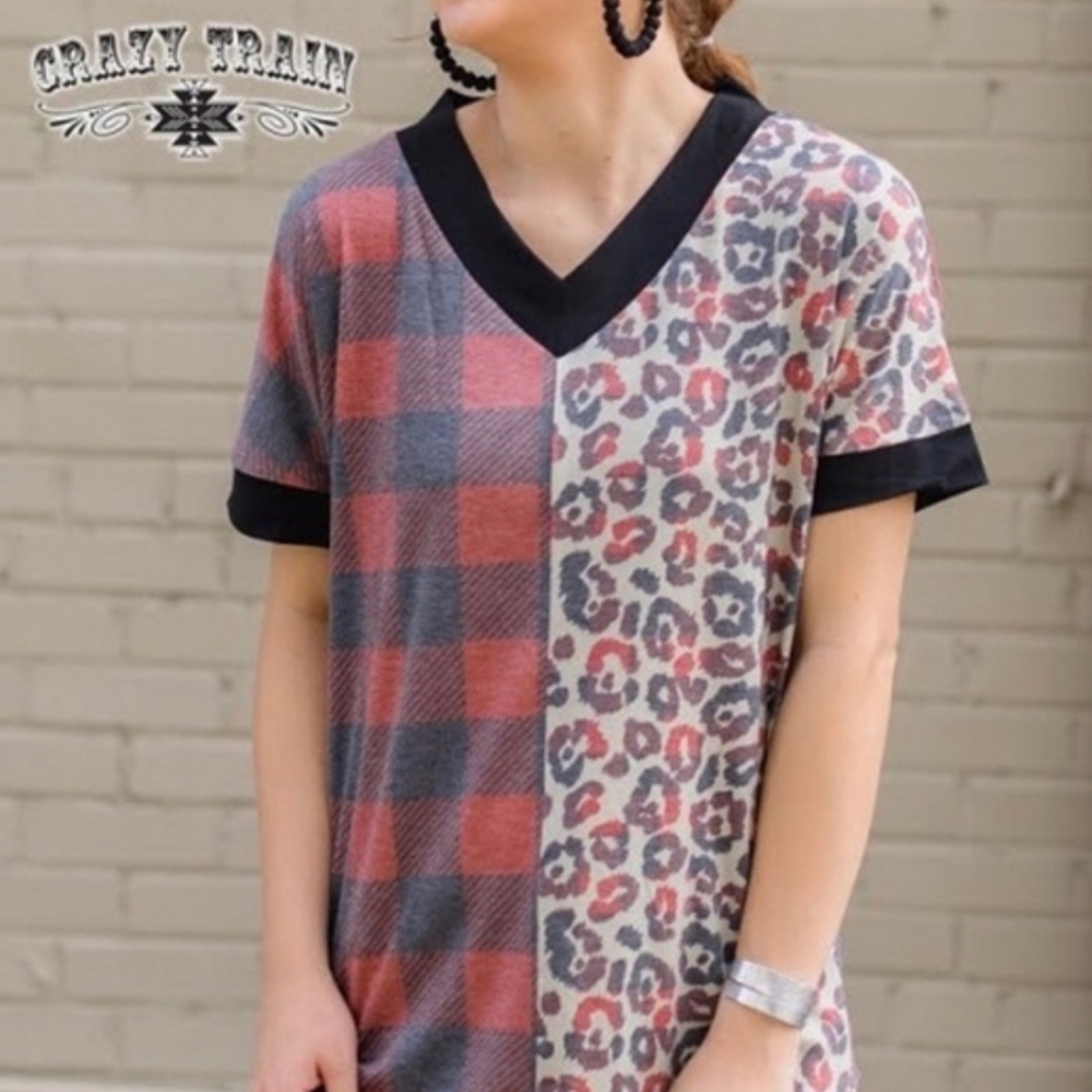 Crazy Train Tee Shirt leopard and check red black tan‎ size Medium v neck